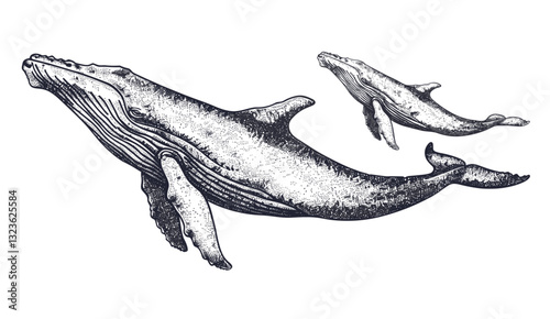 Blue whale vector art, vintage engraving, humpback whale, wild cachalot sketch, ink line illustration, giant dolphin, ocean life, marine creatures, sea mammal background.