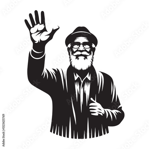 Grandfatherly Waving Oldman silhouette, radiating wisdom and kindness - Oldman illustration - Minimalist Waving Oldman vector - Wise guardian
