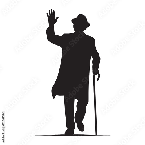 Playful Waving Oldman silhouette, showing a fun-loving spirit - Oldman illustration - Minimalist Waving Oldman vector - Joyful presence
