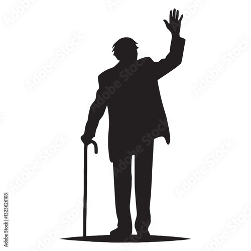 Kind Waving Oldman silhouette, expressing warmth with a simple gesture - Oldman illustration - Minimalist Waving Oldman vector - Gentle soul
