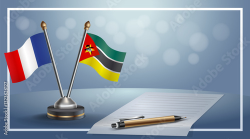 France and Mozambique National flags on small table with bokeh background, cooperative relationship. Template vector Illustration
