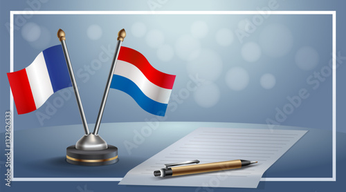 France and Netherlands National flags on small table with bokeh background, cooperative relationship. Template vector Illustration
