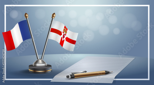 France and Northern Ireland National flags on small table with bokeh background, cooperative relationship. Template vector Illustration
