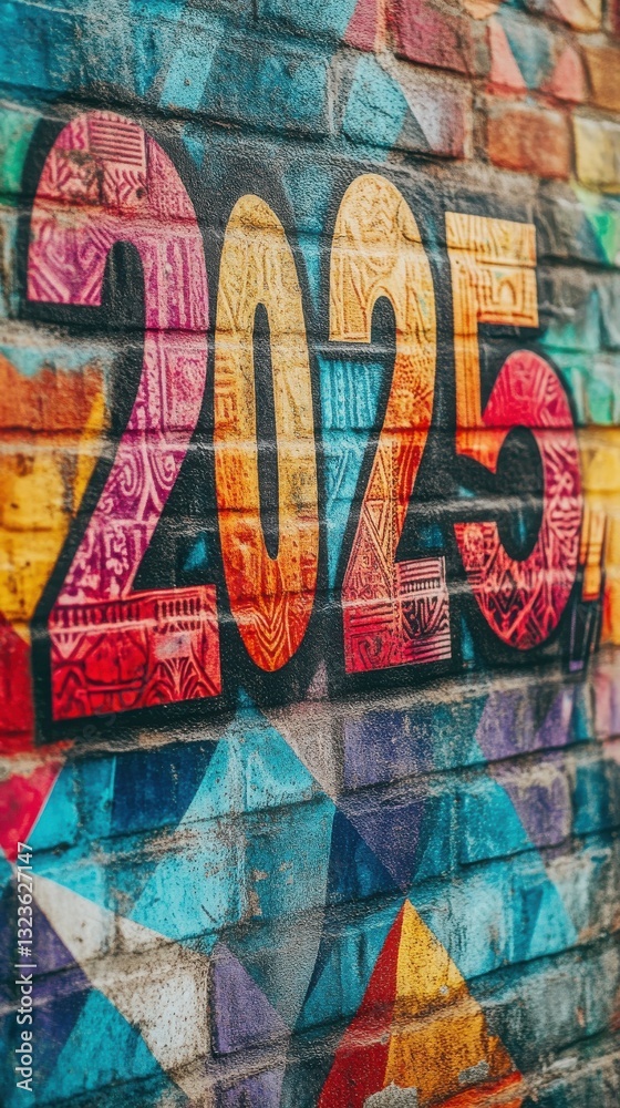 Fototapeta premium Vibrant Graffiti Mural Featuring Colorful Numbers 2025 on Wall