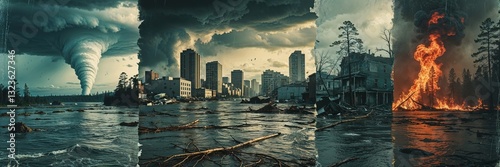Natural disasters are evident in this striking portrayal, highlighting a tornado, severe flooding in urban areas, and raging wildfires