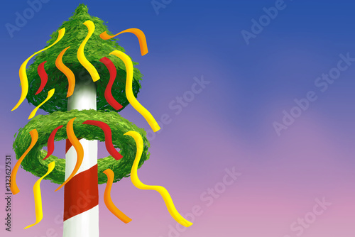 illustration of a cartoon maypole with colorful ribbons against a blue sky