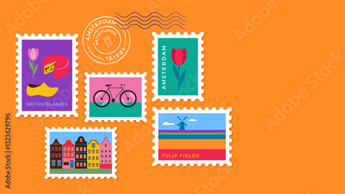 Netherlands Travel Stamps. Amsterdam and Dutch Tourism Icons Collection.