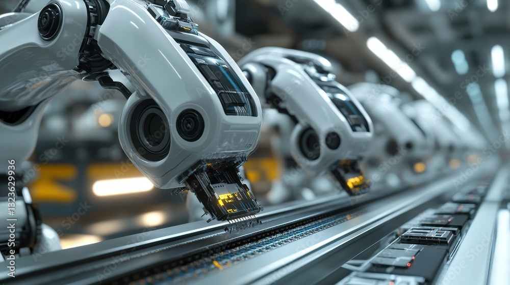 Obraz premium Close-up of robotic arms assembling circuit boards. Illustrates automation, technology, and manufacturing processes.