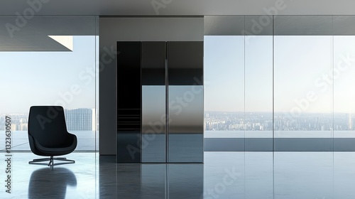 A sleek, minimalist office filing cabinet, its surface polished to a mirror sheen, stands starkly against a transparent backdrop, its contents concealed within, inviting the viewer to envision the