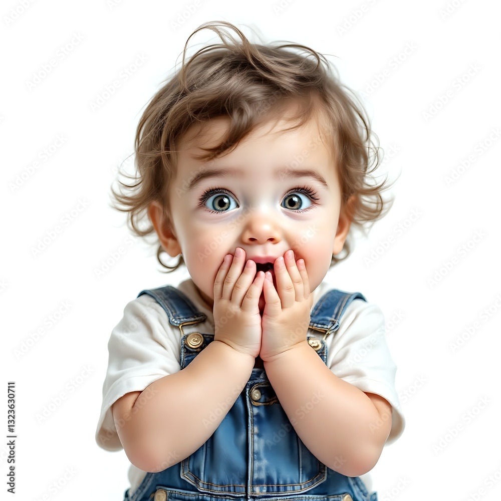 Portrait of a cute toddler in denim overalls looks surprised in facial expression with eyes wide open, and closed the mouth with tiny hands against white background Portrait of a cute toddler in denim overalls looks surprised in facial expression with eyes wide open, and closed the mouth with tiny hands against white background
