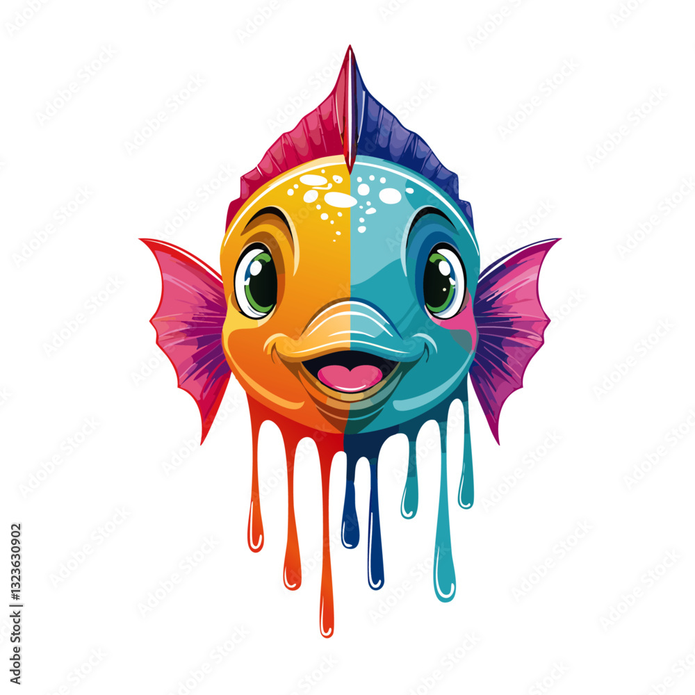 Portrait of a cute fish, dripping liquid colors vector icon design