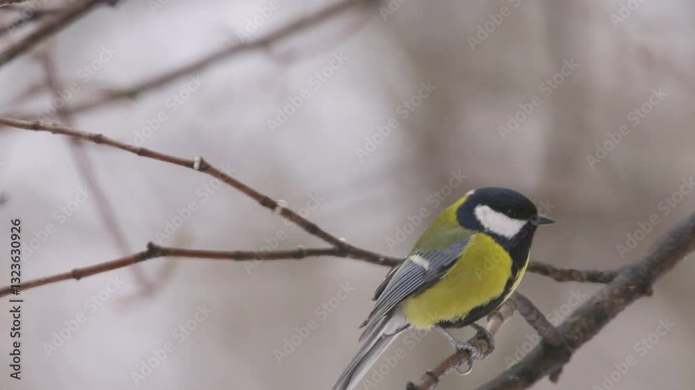 Great tit bird, Parus major, sits on a branch on a frosty winter day. Close-Up of titmouse bird jumping on a tree branch in nature. Great tit (Parus major) takes flight from branch. Bird tit migration Great tit bird, Parus major, sits on a branch on a frosty winter day. Close-Up of titmouse bird jumping on a tree branch in nature. Great tit (Parus major) takes flight from branch. Bird tit migration