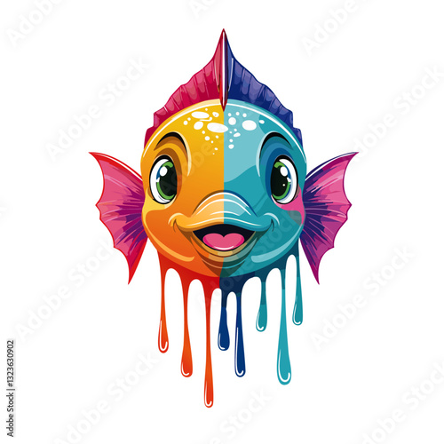 Obraz na płótnie Portrait of a cute fish, dripping liquid colors vector icon design w salonie