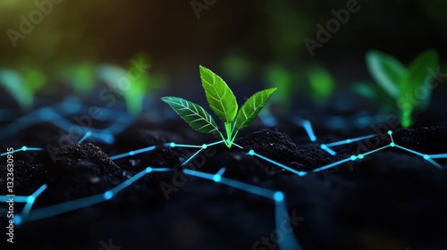 Networked Eco-Innovation Futuristic Smart Agriculture Visualization with Vibrant Green Seedlings and Digital Connectivity Nexus for Climate Resilience