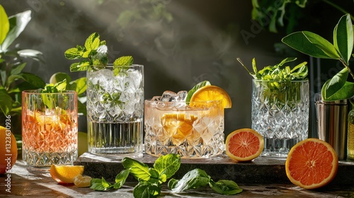 A bar setup with a variety of cocktails, garnished with citrus slices and fresh herbs photo