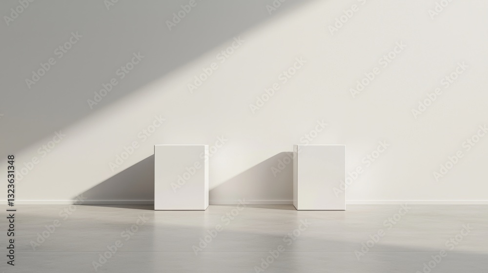 Minimalist Interior Design with White Cubes Against Light Wall Minimalist Interior Design with White Cubes Against Light Wall