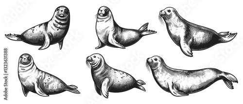 Arctic seal set, vector vintage engrave illustration, sea lion ink sketch, marine animals, ocean art, wildlife illustration, ocean background, arctic wildlife, nature drawing