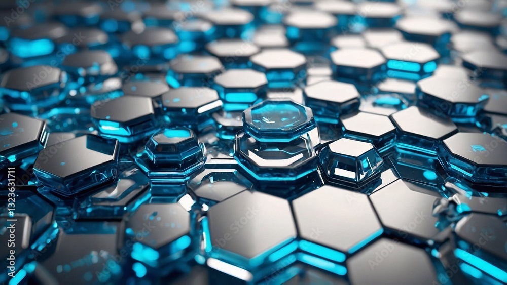 Fototapeta premium Modern 3D hexagonal technology abstract background features blue bright energy flashes under hexagons in a futuristic technology design against a white background