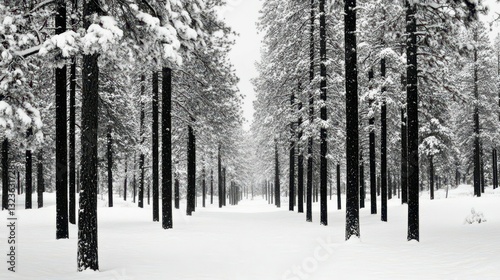 Wallpaper Mural Snow-Kissed Forest Path: A serene snow-covered path winds through a dense forest of towering trees dusted with snow, creating a tranquil and majestic winter wonderland. Torontodigital.ca