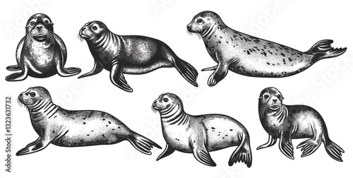 Vintage vector seal set, isolated engrave illustration, sea lion ink sketch, arctic art background, ocean wildlife, nature drawing, marine animals, seal design, wildlife sketch