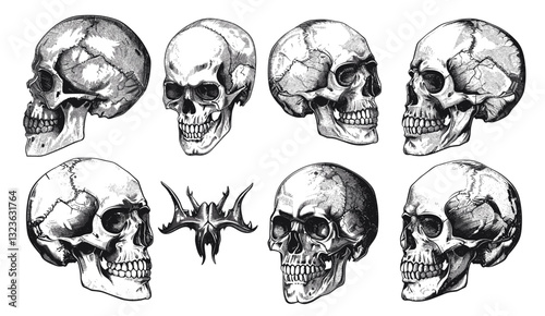 Skull illustration vintage, ink skeleton sketch, isolated human head, bone art, vintage engrave, spooky background, line hell, creepy anatomical drawing, macabre skull art