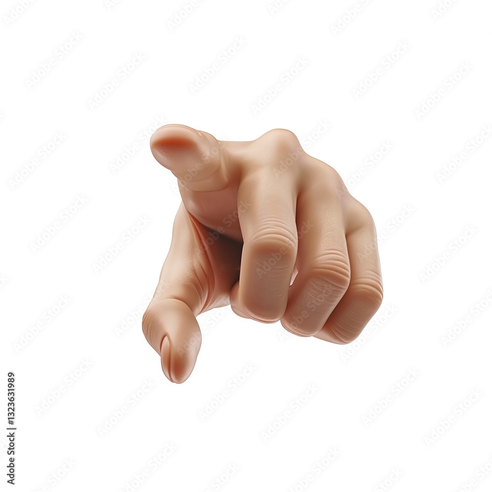 A realistic human hand pointing forward, emphasizing interaction and communication, set against a clean white background. A realistic human hand pointing forward, emphasizing interaction and communication, set against a clean white background.