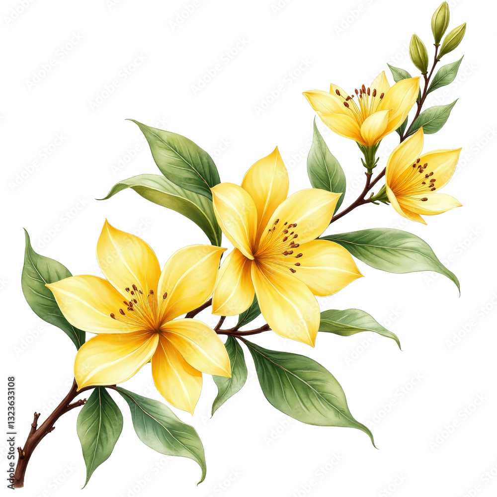 Fototapeta premium Yellow Flowers on Branch with Green Leaves and Transparent Background