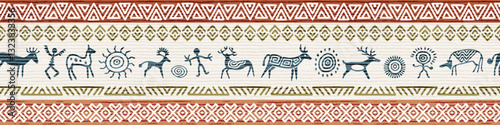 Ethnic seamless border on the theme of rock paintings, petroglyphs and geometric pattern, vector design, banner