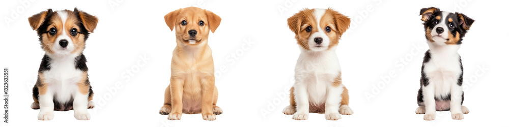 Four adorable puppies sitting in row, isolated on transparency background
