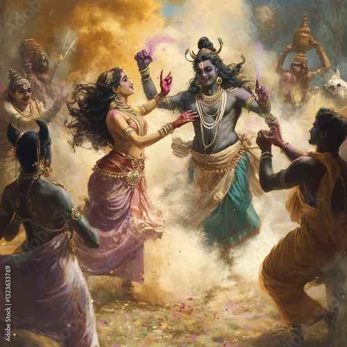 Celebrate the vibrant festival of Holi with divine grace as Lord Shiva and Goddess Parvati immerse in colors, symbolizing love, unity, and the triumph of devotion. 