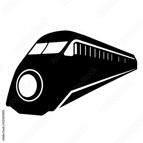 A stylized, black-and-white illustration of a futuristic-looking train