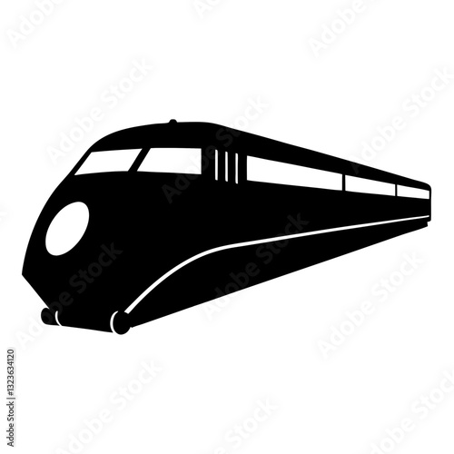 A stylized, black-and-white illustration of a futuristic-looking train