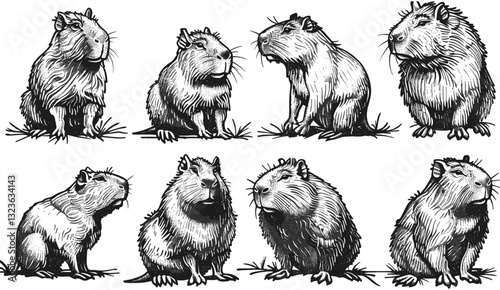 Vector capybara vintage engraving, ink sketch of isolated rodent, black and white silhouette, gnawer art, hand drawn image, wildlife, nature, animal illustration, rodent drawing.
