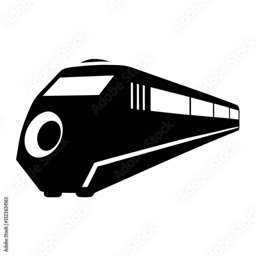 A stylized, black-and-white illustration of a futuristic-looking train