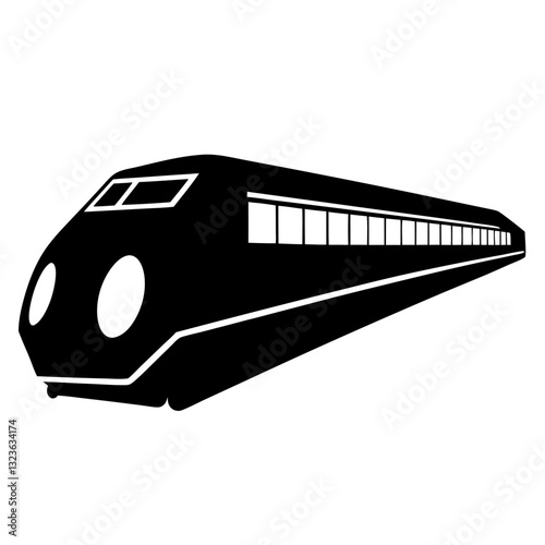 A stylized, black-and-white illustration of a futuristic-looking train