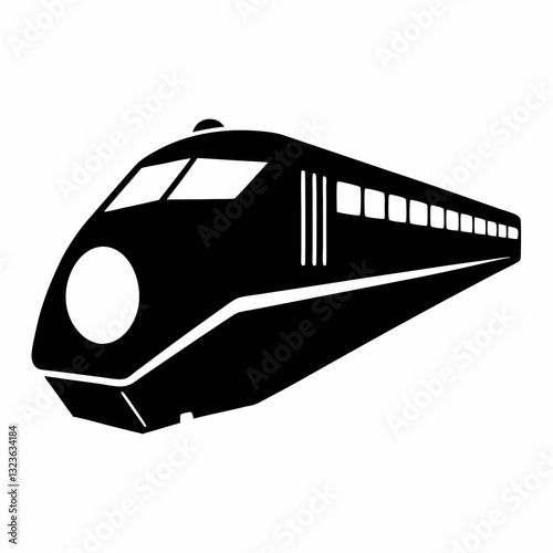 A stylized, black-and-white illustration of a futuristic-looking train