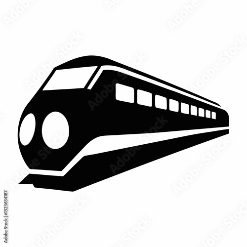 A stylized, black-and-white illustration of a futuristic-looking train