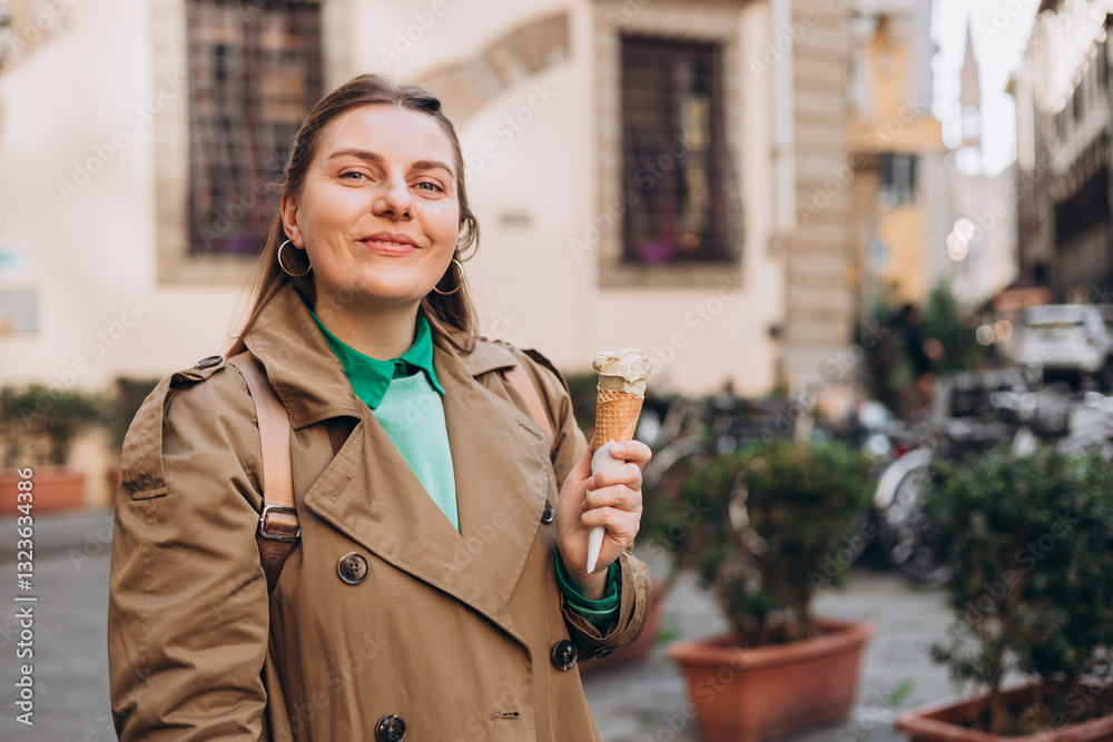 Tasty pistachio ice cream cone in hand. Closeup image of woman hand holding fresh waffle cone with pink ice cream Outdoors, Top Italy food. Lifestyle, travel, people concept.