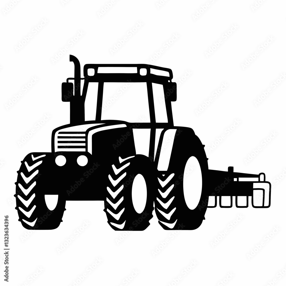 A monochromatic, flat illustration of a tractor, with a focus on the main components such as the tractor's body A monochromatic, flat illustration of a tractor, with a focus on the main components such as the tractor's body