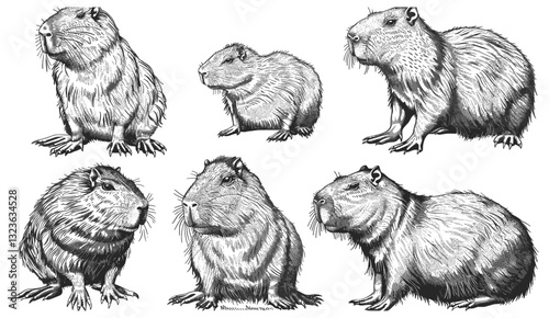 Hand drawn vector of capybara, vintage engraving, isolated gnawer, black and white ink sketch, rodent silhouette, wildlife, nature art, rodent illustration, animal drawing, vintage art.