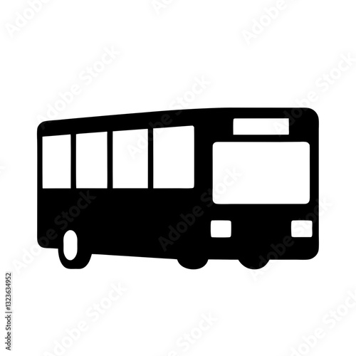 A stylized, flat icon of a bus. The icon is simple, with a bold outline and a stark contrast between the black silhouette of the bus and the white background