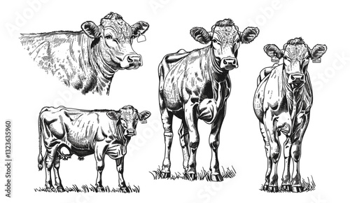 Vintage cow set illustration, ink sketch, farm bull silhouette, black and white art, hand drawn, beef animal, isolated image, farm animals, livestock, animal sketches, rustic engraving.