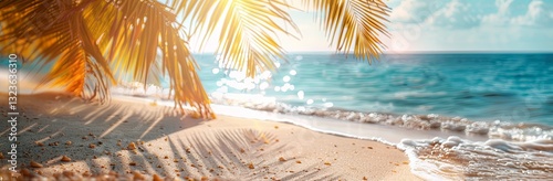 Tropical beach landscape with palm trees and serene blue ocean under bright summer sunlight