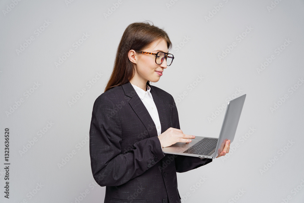 Woman in professional attire using a laptop and smiling while standing in a neutral background Woman in professional attire using a laptop and smiling while standing in a neutral background