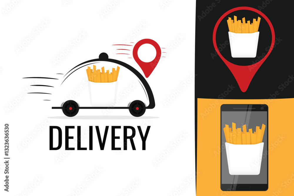Naklejka premium American Fast food french fries delivery logo. Fast fries logotype. Potato fries delivery