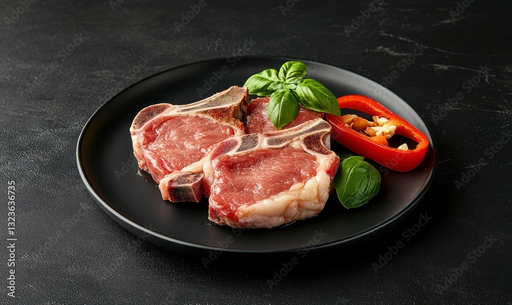 Raw Lamb Chops on Plate with Basil and Pepper Ready Cooking Raw Lamb Chops on Plate with Basil and Pepper Ready Cooking