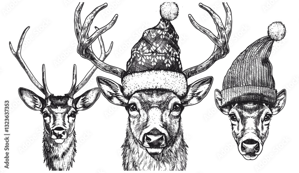 Fototapeta premium Christmas illustration, deer set, reindeer silhouette, vintage ink sketch, Santa costume, northern stag, winter art, New Year hat, black and white hand drawn, holiday artwork.