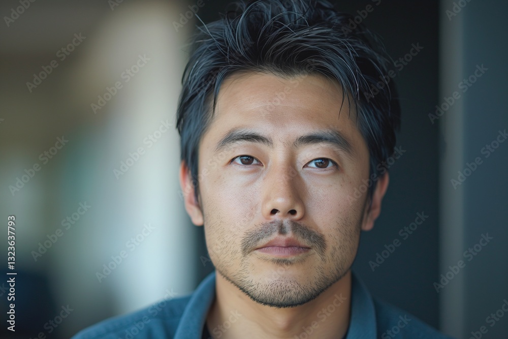 Obraz premium A serious Asian man with dark hair gazes thoughtfully at the camera, set against a soft-focus background.