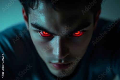Portrait of a serious young man with glowing red eyes staring intensely, creating a dramatic and mysterious atmosphere