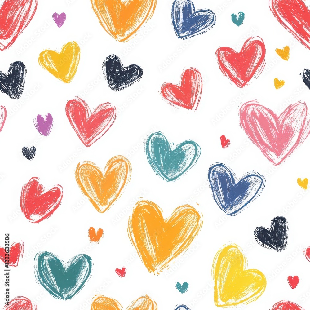 Colorful hand-drawn heart pattern on white background
Colorful hand-drawn heart pattern on white background
